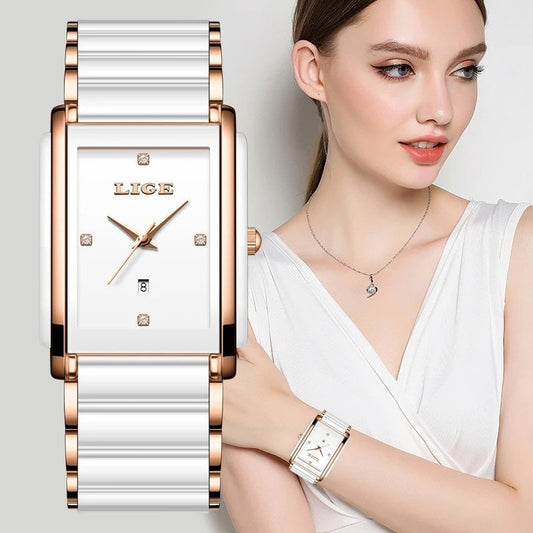 LIGE Ladies Premium Ceramic Rectangle Watch